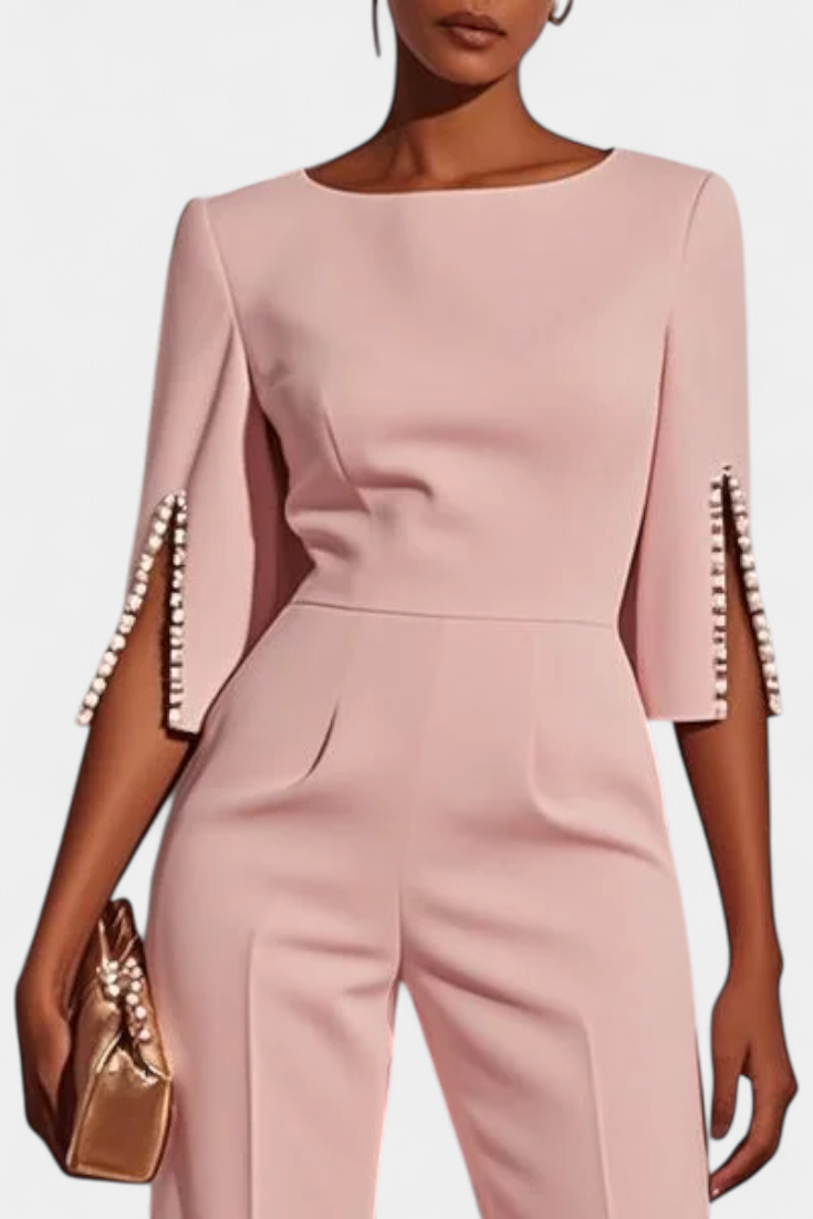 Chic Three-Quarter Sleeve Jumpsuit with Pearl Accents
